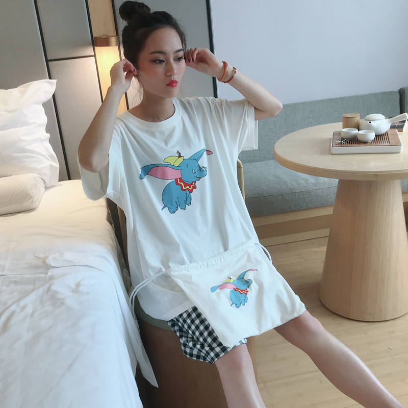 家居服女夏可出门休闲布袋睡衣女大码200斤卡通纯棉格子短袖套装
