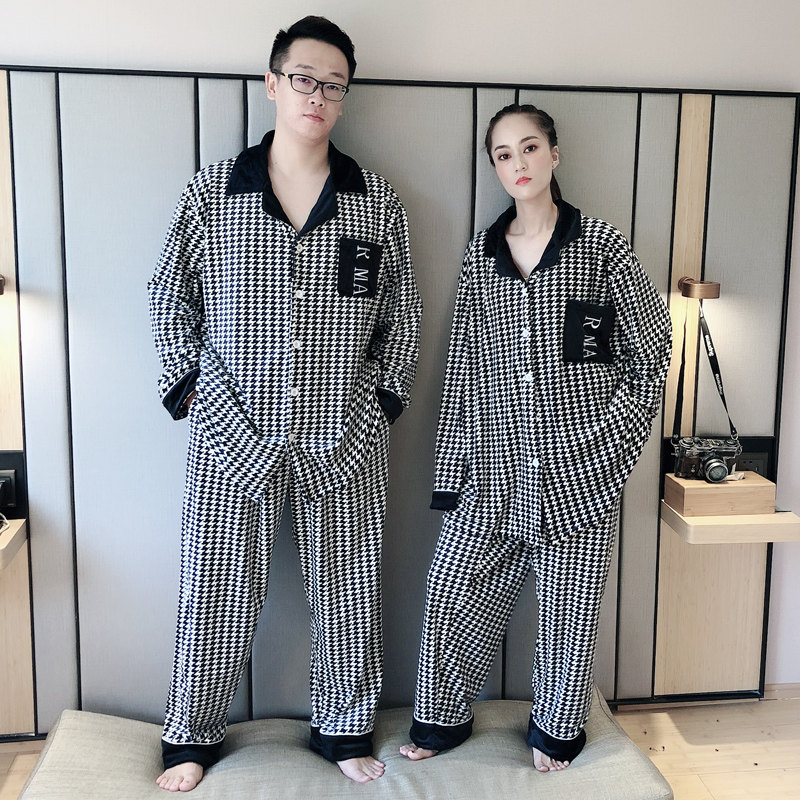 isn网红款千鸟格情侣睡衣薄绒薄款大码200斤长袖宽松保暖家居服男