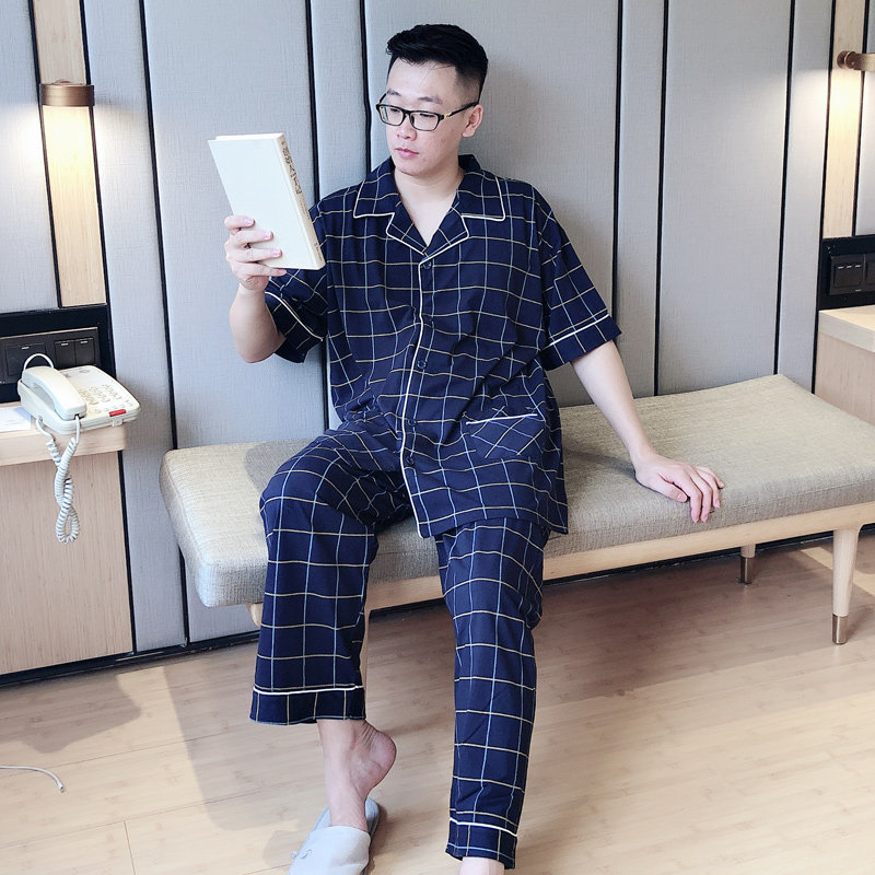 睡衣男短袖长裤全棉大码特大300斤格子休闲可外穿出门家居服套装
