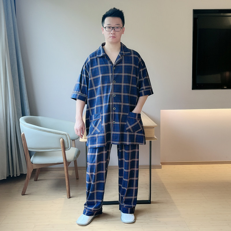 睡衣男士夏天纯棉短袖开衫家居服胖子大码格子薄款全棉可外穿套装