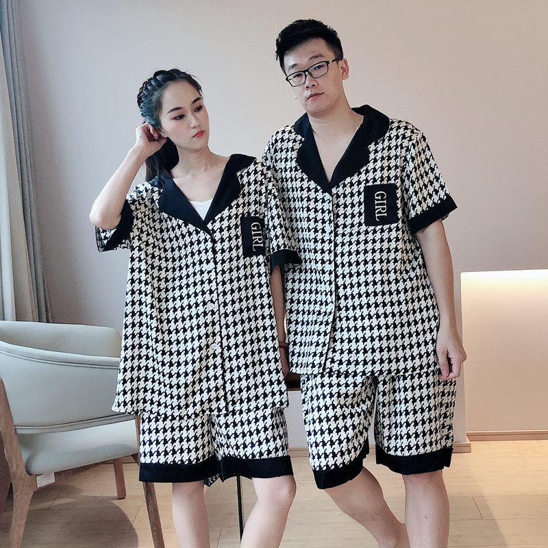 网红爆款ins情侣睡衣千鸟格大码200斤男士冰丝可外穿夏天女家居服