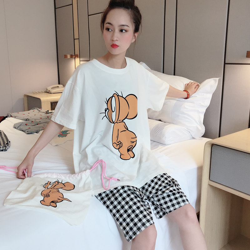 家居服女夏可出门休闲格子布袋睡衣女大码200斤卡通纯棉短袖短裤