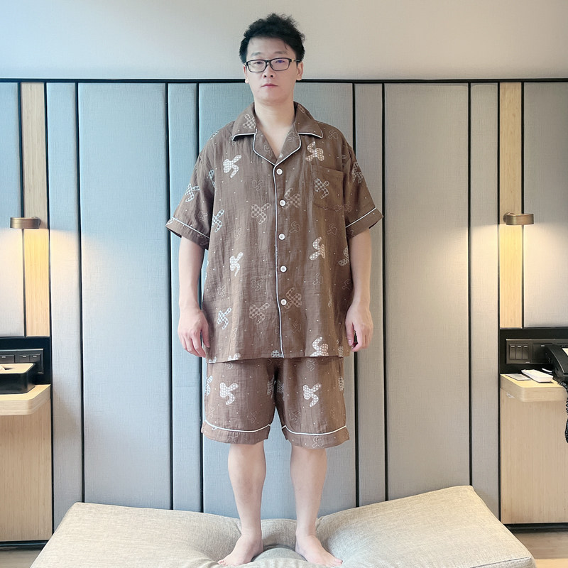棉纱全棉睡衣男士夏季短袖短裤薄款加大码夏款休闲爽棉家居服套装