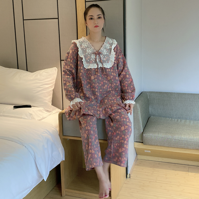 睡衣女款春秋季梭织双层纯棉纱甜美韩版长袖可外穿大码家居服套装