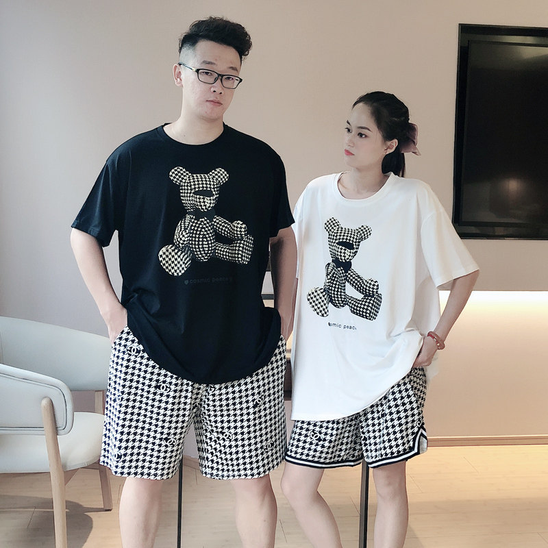 情侣睡衣女夏季纯棉短袖休闲可外穿男士全棉大码200斤夏天家居服