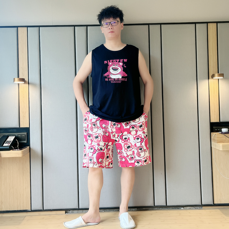 睡衣男款夏季纯棉大码背心无袖男生青少年加大码可外穿家居服套装