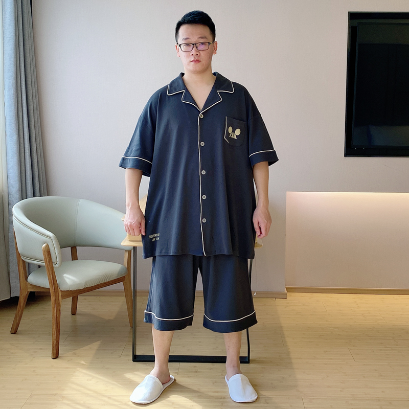 男士睡衣纯棉夏季薄款半袖加大码宽松青年开衫300斤家居服夏套装