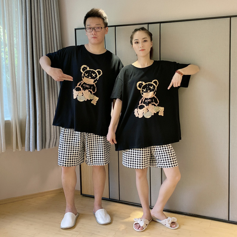 情侣格子睡衣大码卡通可外穿纯棉夏天印花200斤可外穿家居服套装
