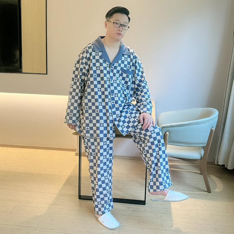 春秋冬睡衣男纯棉胖子肥佬翻领长袖格子可外穿全棉大码家居服套装