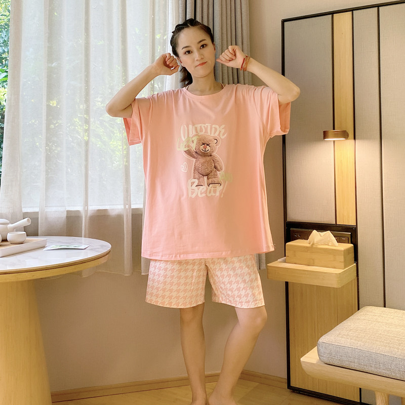 卡通可爱睡衣女夏季新款纯棉短袖格子胖mm可外穿200斤家居服套装