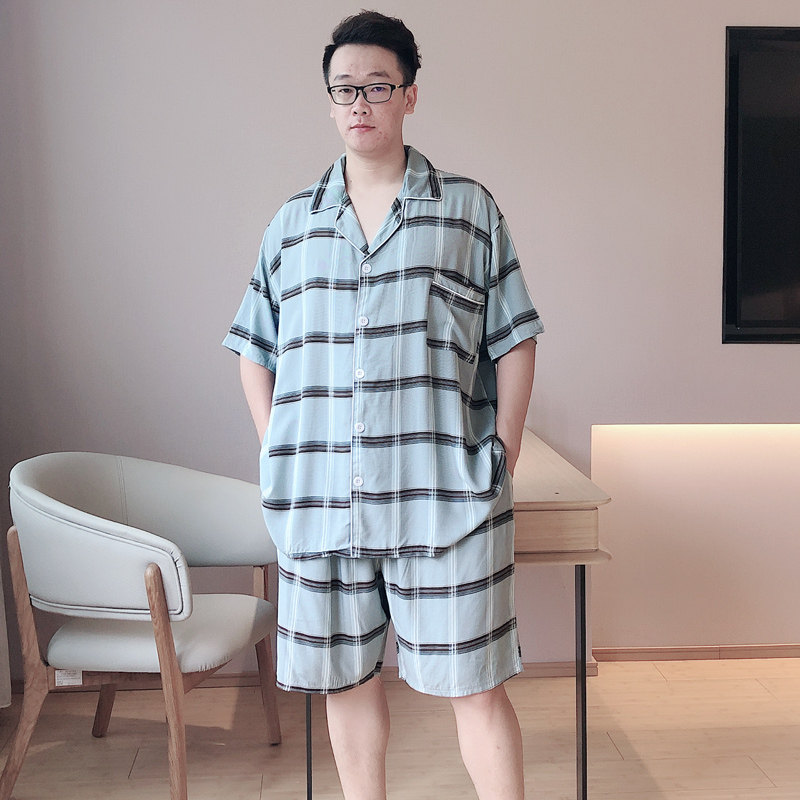 大码200斤夏男士睡衣棉绸薄款透气格子可外穿出门短袖家居服套装