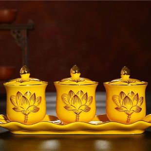 仙用水杯佛堂水杯琉璃玻璃敬神水杯带盖杯大悲水浮雕莲花供水杯