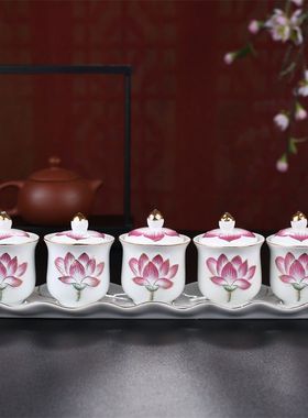 陶瓷圣水杯五联供供水杯供佛杯家用佛前供奉莲花供杯敬佛杯