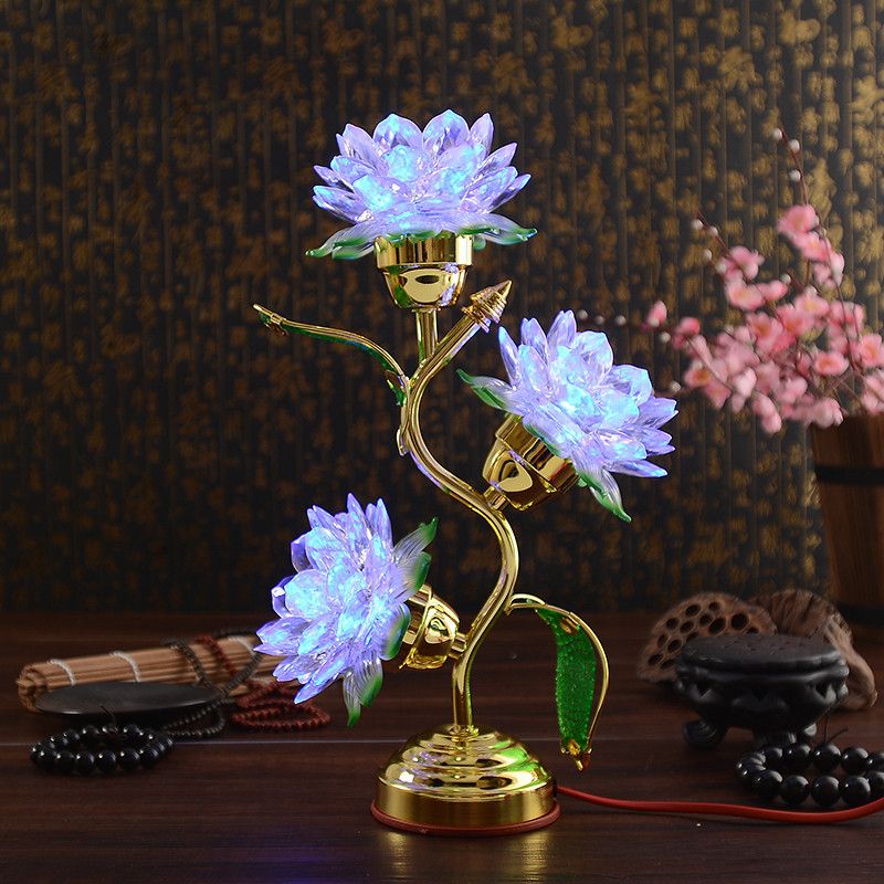 佛堂供灯LED七彩莲花灯供灯佛灯水晶三品莲花灯佛供灯灯高34CM