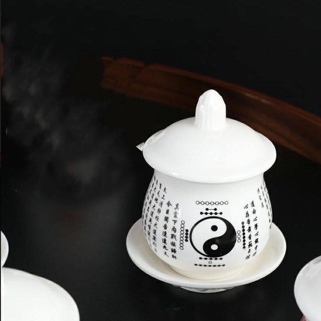 陶瓷财神供水用家用关公带盖供水杯净水圣水太极八卦摆件中式用品