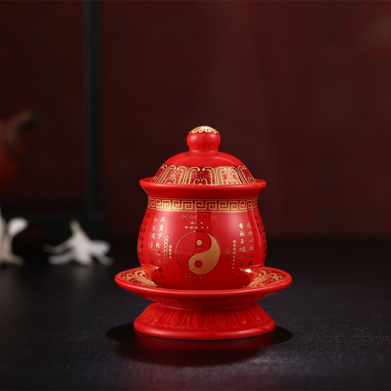 供水杯道家供杯陶瓷道家八卦图贡水杯茶杯红色供奉水杯一整套