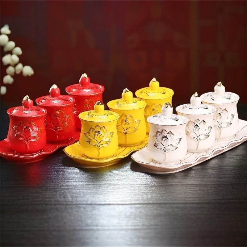 仙用水杯陶瓷佛前莲花白色大悲佛堂供水净水观音套装财神供佛杯