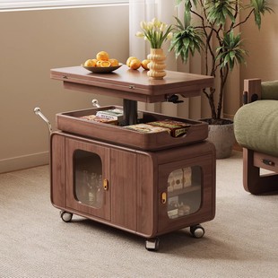 胡桃木全实木可移动沙发边几茶几升降折叠多功能阳台茶桌小推车