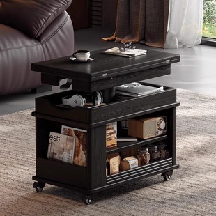 中古风实木可升降折叠茶几大小户型客厅家用沙发可移动小推车边几