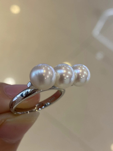 刘亦菲同款平衡木珍珠戒指三珠款淡水珍珠戒指S925银戒圈可调节