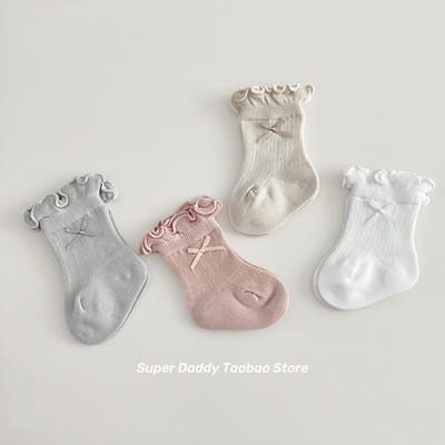 新生婴儿袜子春秋季纯棉女宝宝中筒袜公主儿童女童松口碎花边棉袜