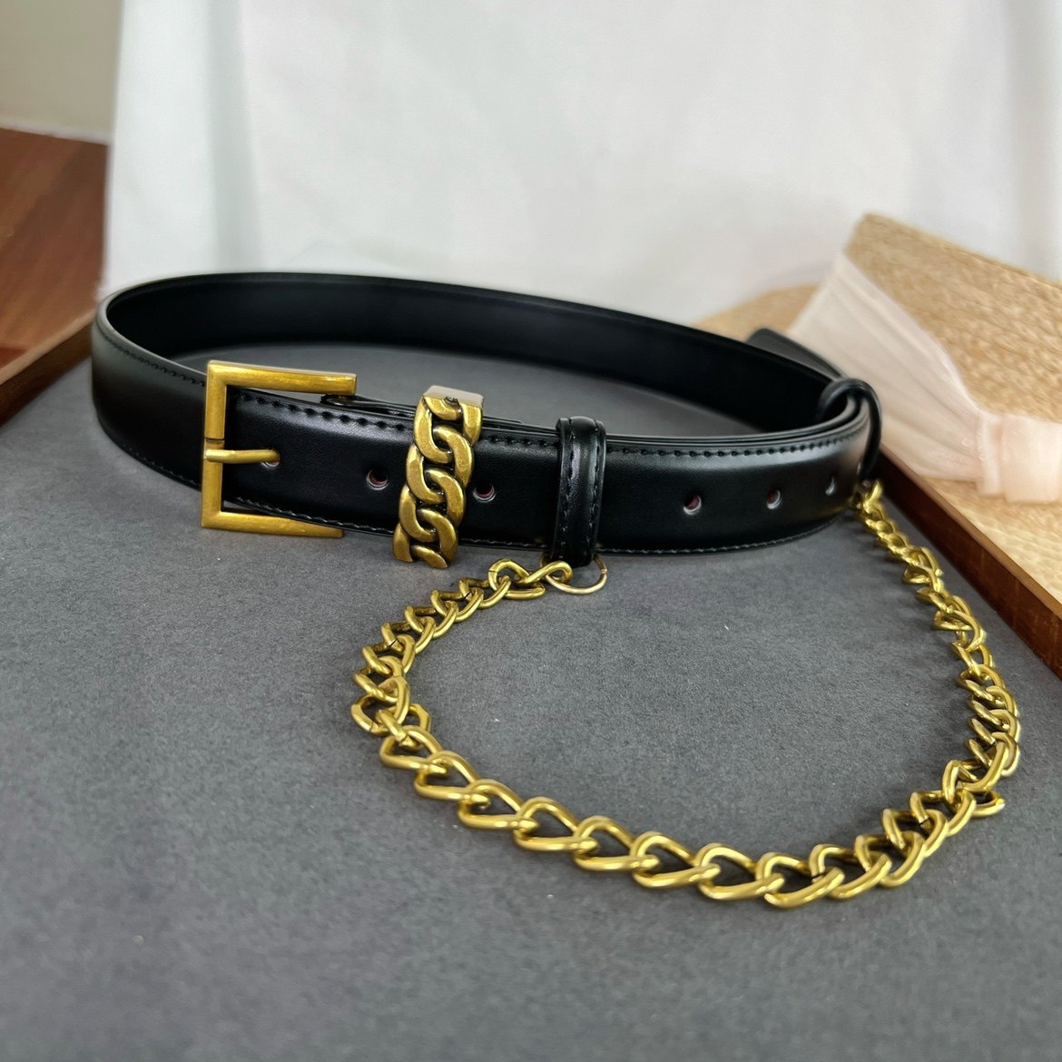 韩版潮酷女团风链条装饰皮带休闲收腰二层牛皮腰带搭配短裙休闲裤