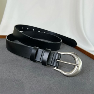 新款 连衣裙 女ins风银色复古针扣真皮腰带头层牛皮收腰搭配牛仔裤