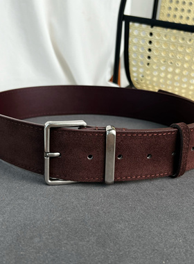 秋冬潮流轻奢风复古反绒宽腰带古银扣装饰二层牛皮皮带配大衣半裙