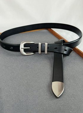 时尚潮款复古银扣真皮腰带男女通用高级感头层牛皮皮带ins风配饰