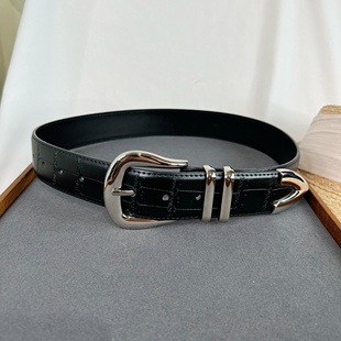 西装 饰搭配休闲裤 银色针扣腰带正反二层牛皮皮带女收腰装 秋冬新品