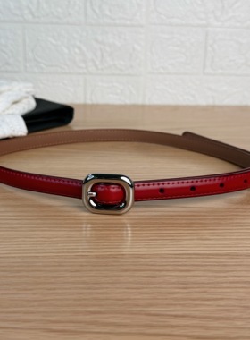 25W韩版高级感亮银扣红色细皮带y2k街头穿搭二层牛皮腰带配低腰裤