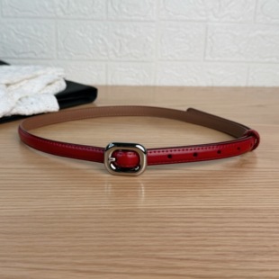 25W韩版 高级感亮银扣红色细皮带y2k街头穿搭二层牛皮腰带配低腰裤