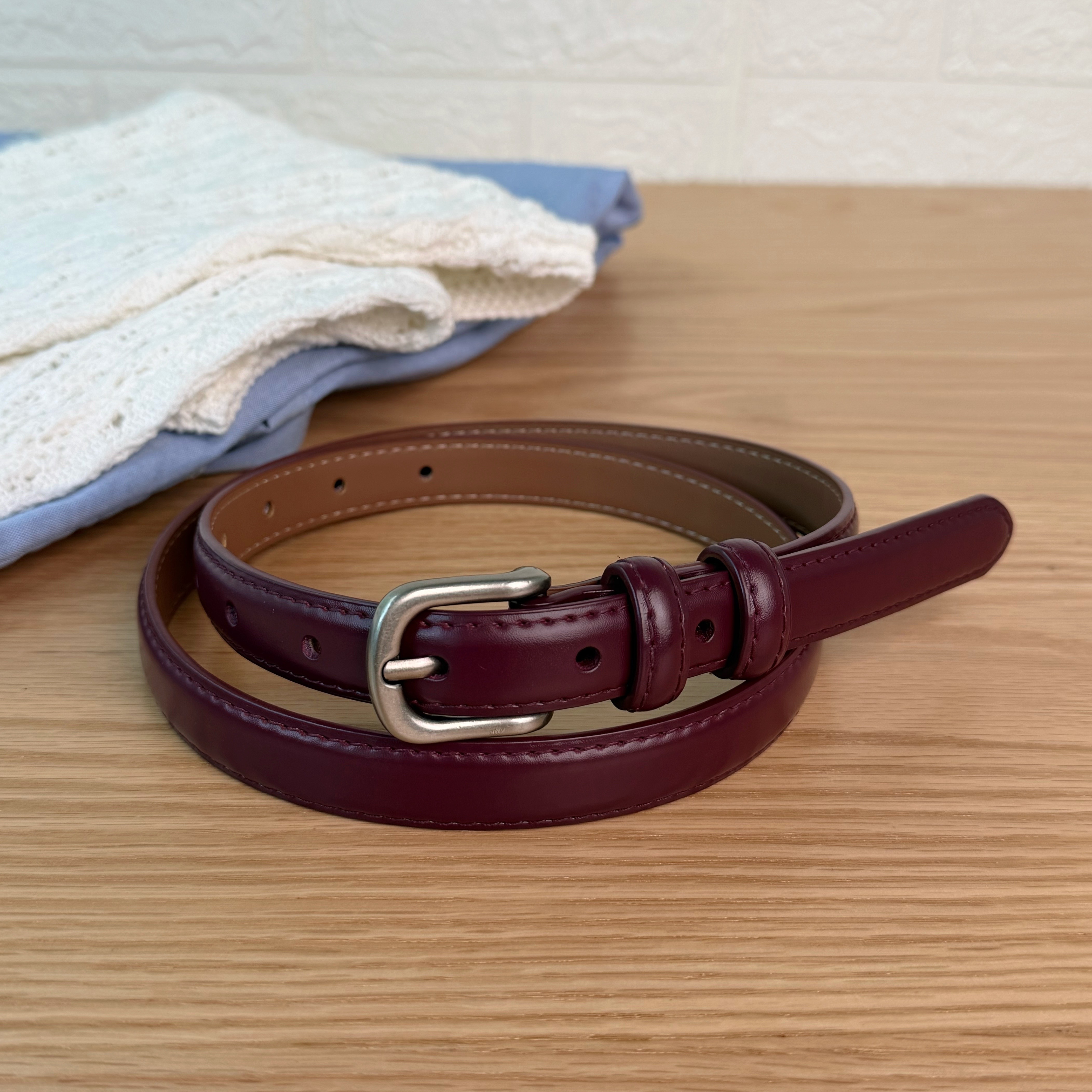 25秋冬韩系高级感配色细皮带复古简约哑银扣二层牛皮腰带配休闲裤