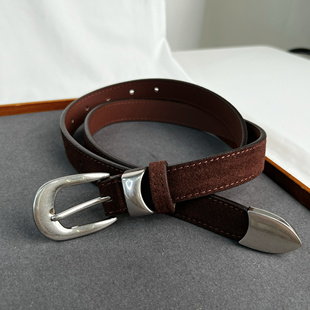 韩系东大门风仿麂皮反绒腰带复古银扣二层牛皮皮带搭配牛仔裤 半裙