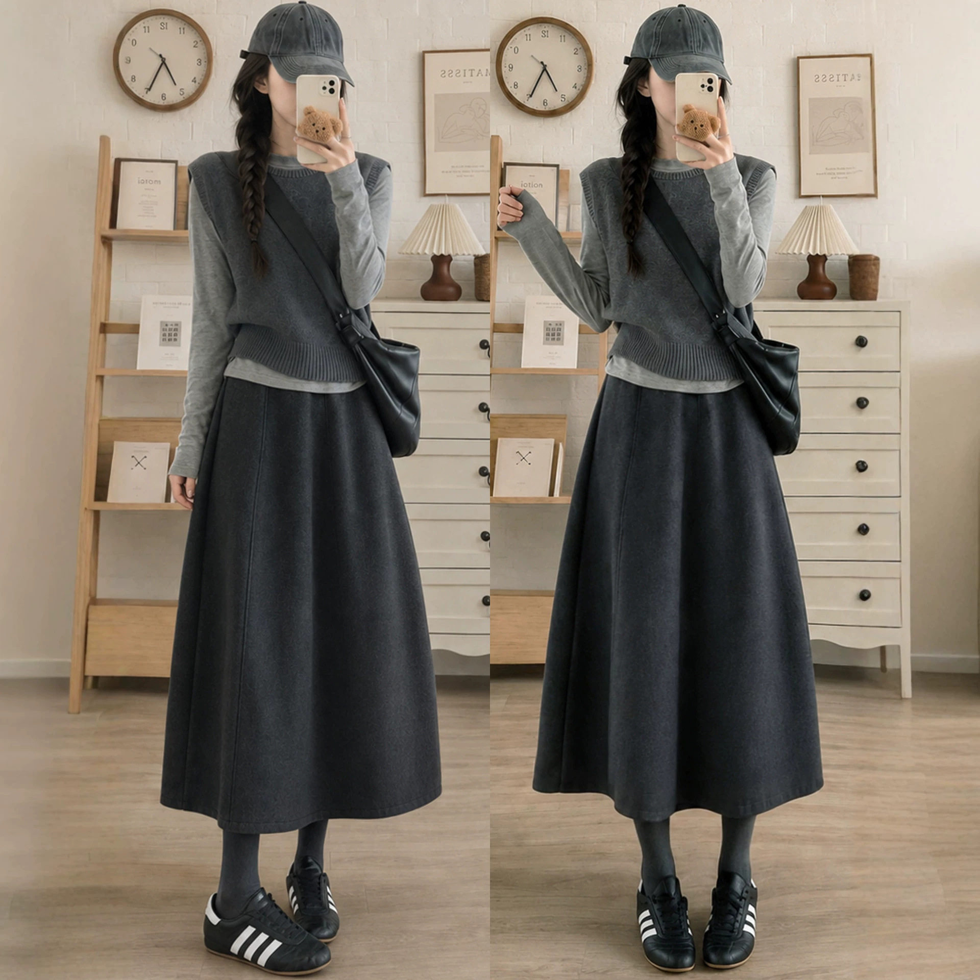 灰色毛呢南瓜裙女秋季2026新款高腰a字中长裙宽松加厚花苞半身裙