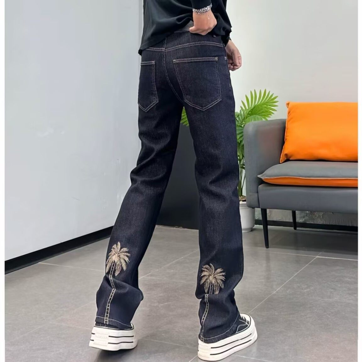 设计款深蓝色牛仔裤男合身小直筒椰汁树刺绣显瘦长裤明线休闲裤子,男装,牛仔裤,淘宝优惠券,粉丝福利购,淘宝优惠卷