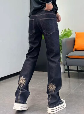 设计款深蓝色牛仔裤男合身小直筒椰汁树刺绣显瘦长裤明线休闲裤子