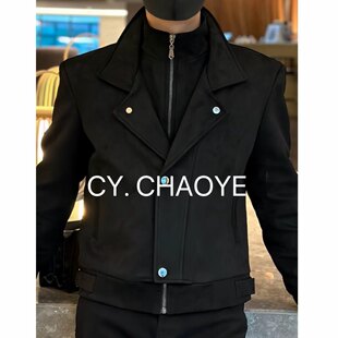 潮牌痞帅夜店短款 新款 皮衣外套男 假两件皮夹克男翻领秋冬季 设计款