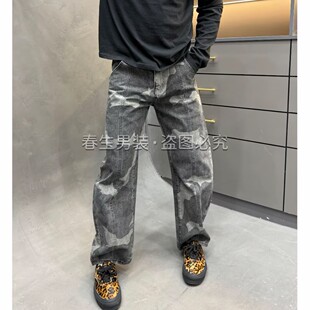 高端美式拼接牛仔裤男迷彩色宽松弯刀裤2026秋季新款潮牌户外长裤