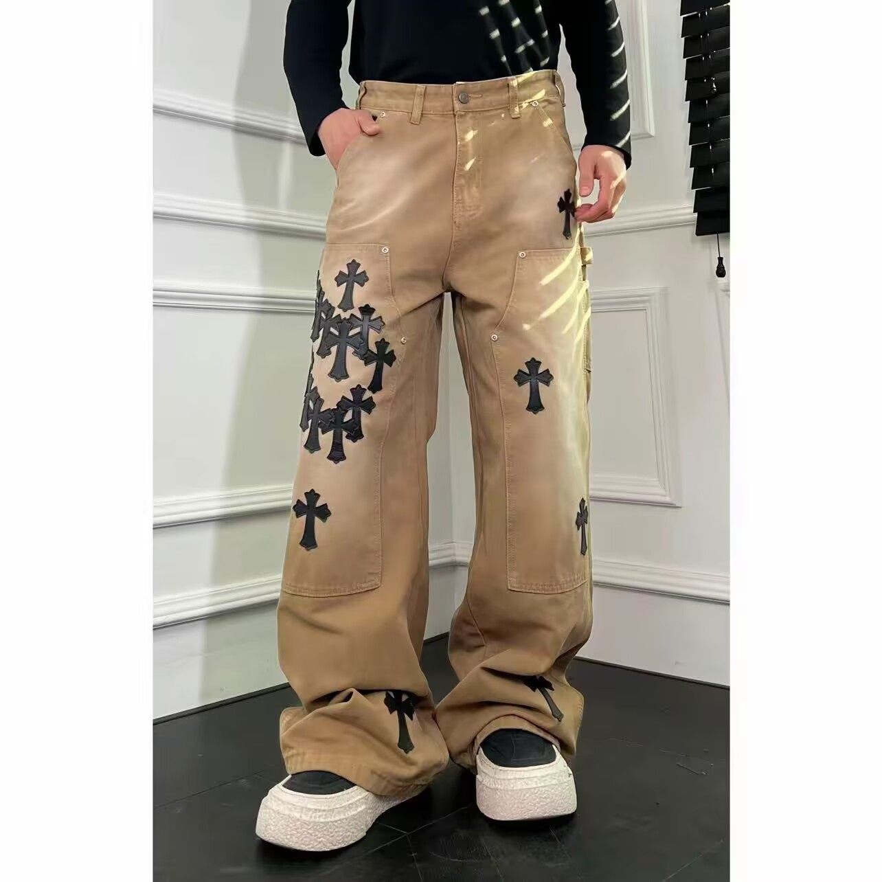 高级感十字架贴皮牛仔裤男宽松潮牌美式休闲长裤个性高街阔腿长裤,男装,牛仔裤,淘宝优惠券,粉丝福利购,淘宝优惠卷