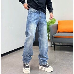 潮牌泼墨蓝色休闲长裤 高端美式 新款 男宽松直筒2026春季 休闲牛仔裤