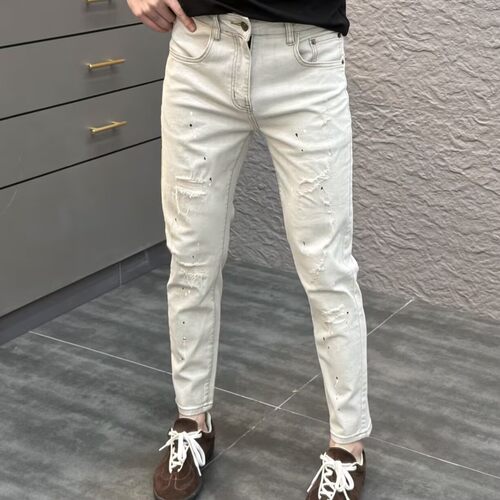 浅灰色牛仔裤男修身小脚破洞补丁