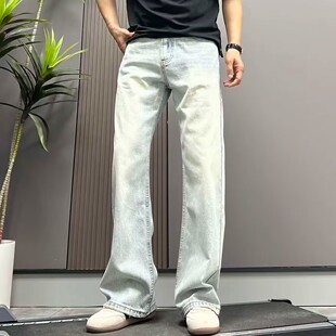 高端水洗浅蓝色牛仔裤男宽松直筒阔腿裤2026春夏季新款做旧长裤子