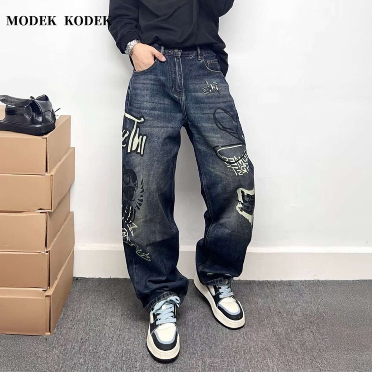 设计款彩色卡通涂鸦印花牛仔裤男宽松直筒拖地长裤2026新款阔腿裤