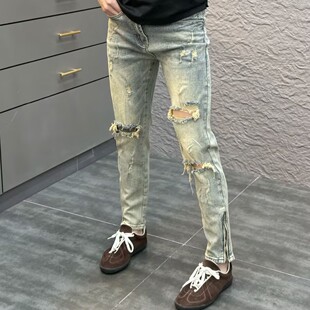 泥黄色牛仔裤男破洞刮烂修身小脚裤2025夏季新款时尚痞帅乞丐裤子