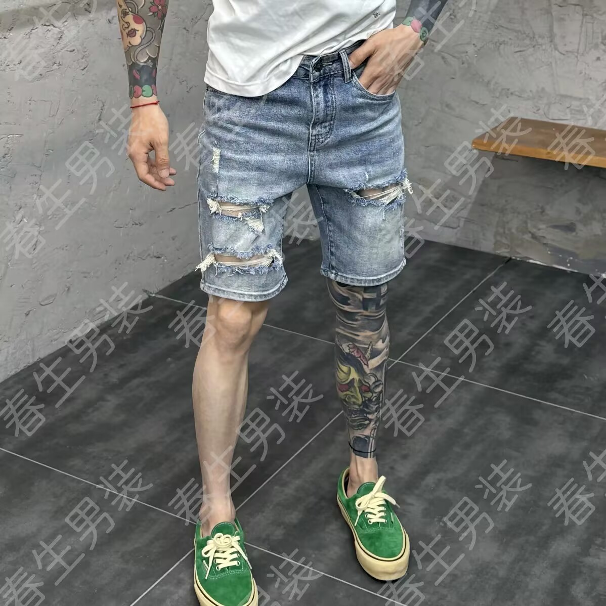 设计款破洞牛仔短裤男修身小直筒2025夏季新款潮流复古刮烂五分裤