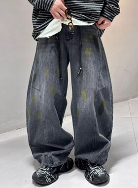 高级感美式个性拼接牛仔裤男宽松泼墨弯刀裤2026新款潮牌高街长裤