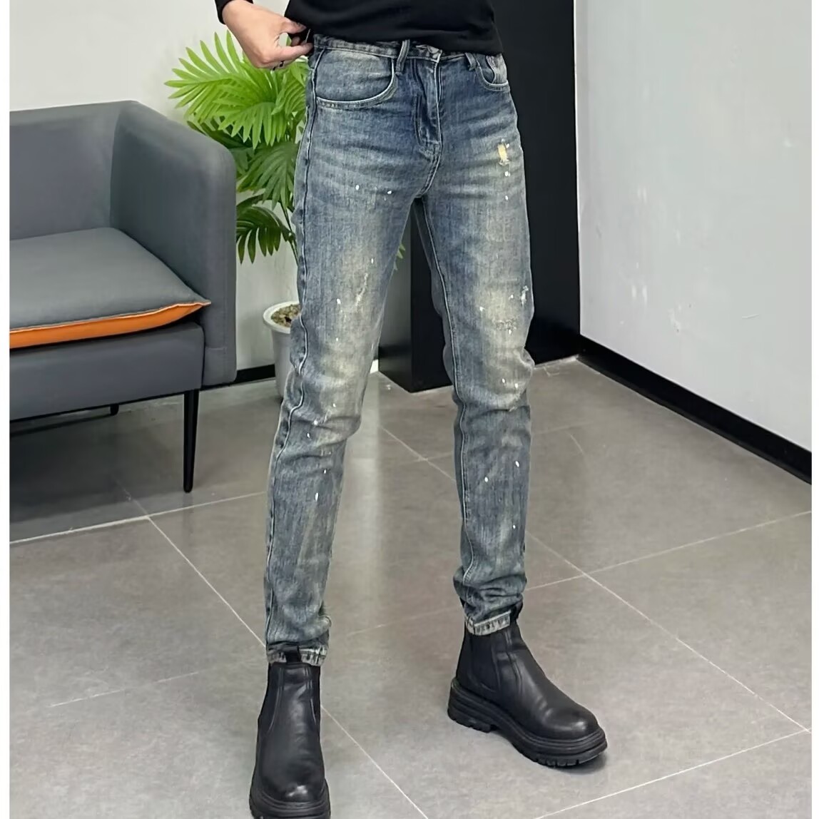 设计款刮烂泼墨牛仔裤男修身小脚