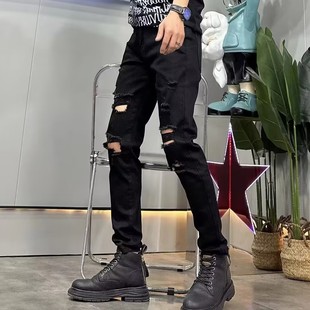 新款 男夏季 破洞黑色牛仔褲 子 小腳時尚 休閑長褲 潮流寬松修身 設(shè)計款