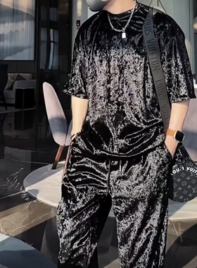 高级感免烫T恤套装男短袖 夏季新款时尚潮流宽松弹力潮t+休闲裤男